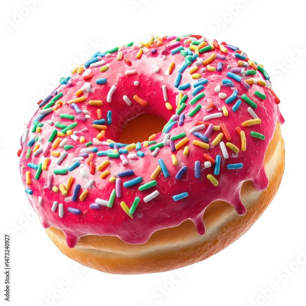 Fototapeta Delicious pink donut with colorful sprinkles glazed dessert 3d art food on transparent background