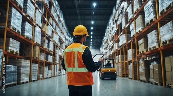 Obraz Warehouse worker using tablet in large warehouse