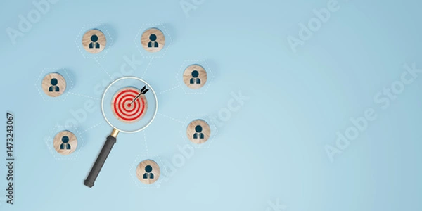 Fototapeta CRM, Customer Relationship Management and Audience Targeting Concept. Target-focused magnifying glass with connected wooden icons representing people. CRM and audience targeting strategy.
