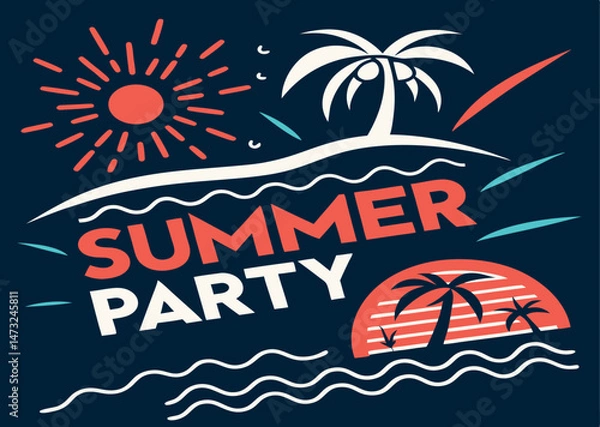 Obraz Vibrant summer party graphic featuring a beach scene with palm trees and bright sun elements