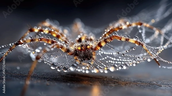 Fototapeta Morning dew on spider web macro photography nature closeup golden light tranquil environment