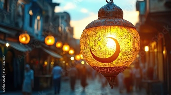 Fototapeta Illuminated Lantern with City Street, and Dusk.