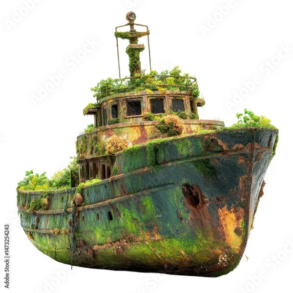 Fototapeta A rusty, abandoned ship overgrown with lush greenery and moss. transparent background