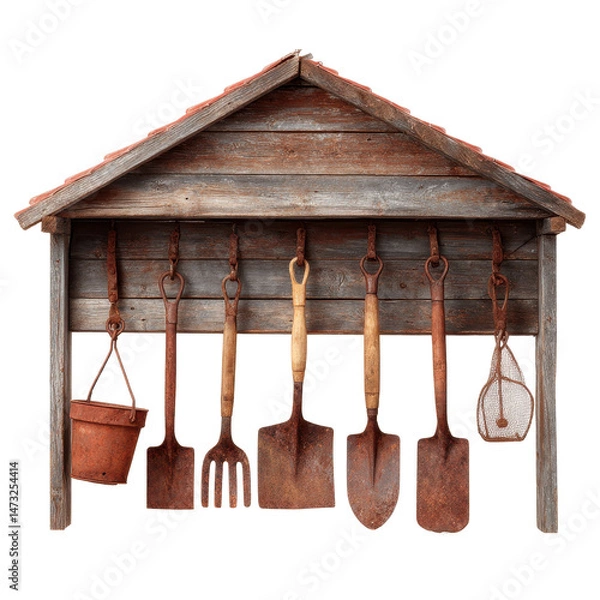 Fototapeta Rustic garden shed filled with gardening tools hanging neatly. transparent background