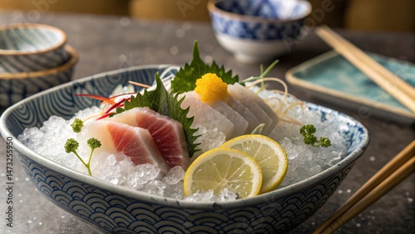Fototapeta Fresh sashimi slices served on ice with lemon and garnish in decorative bowl, creating vibrant and appetizing presentation