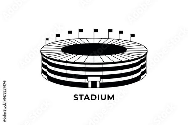 Fototapeta Simple black and white vector illustration of a modern stadium with flags and text
