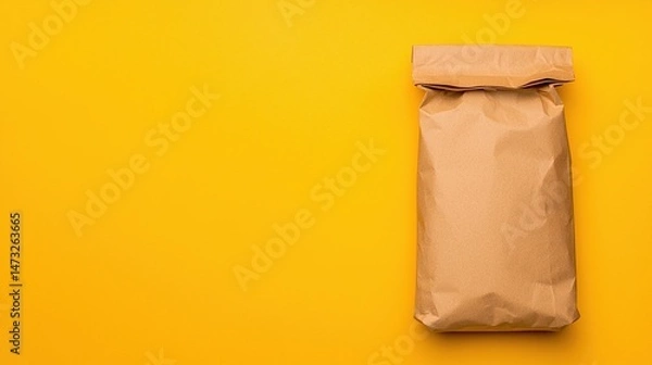 Obraz Brown paper bag on a bright yellow background, creating a minimalist and eco-friendly visual.