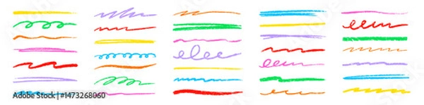 Fototapeta Line color pencil brush kid set. Color chalk pastel pencil underline scribble brush stroke set for kid design. Hand drawn wavy marker underline highlight element. Vector illustration