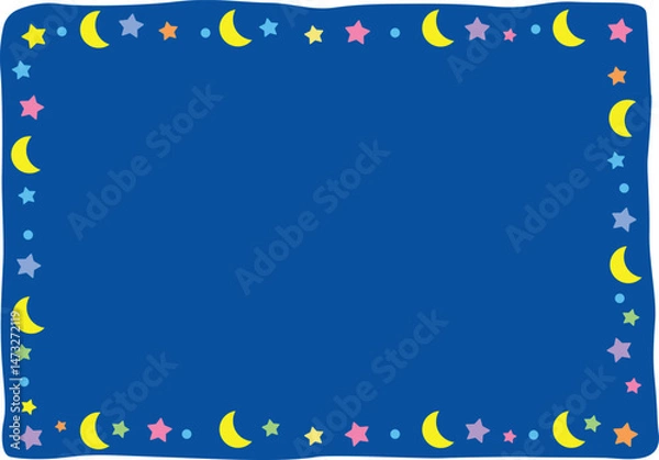 Fototapeta Frame with moon, colorful stars and blue background. Cute, simple, flat. Vector illustration.