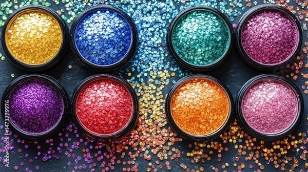 Fototapeta Colorful glitter in small, round containers.