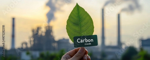 Fototapeta Hand holding green leaf with carbon credit tag in front of industrial factory emitting smoke promoting environmental responsibility
