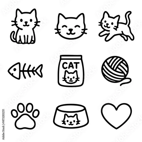 Fototapeta A set of doodle line icons featuring playful cats, pet food, yarn ball, paw print, fish bone, and love for pets