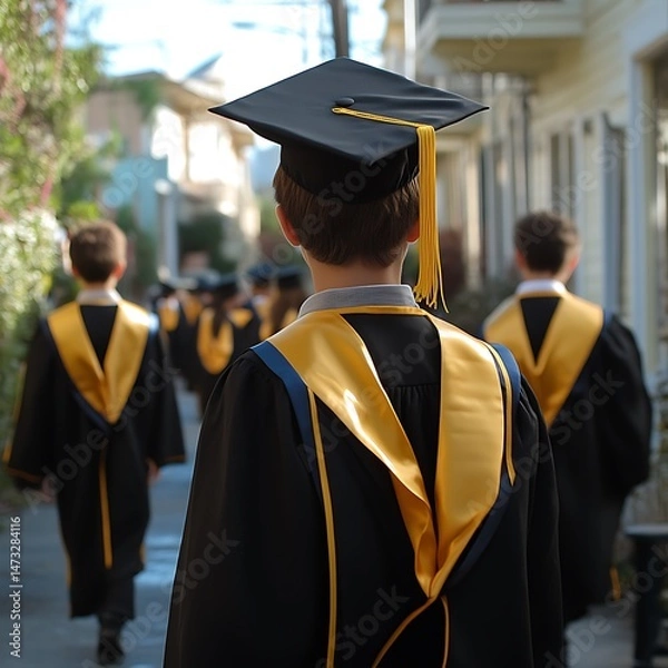 Fototapeta Young graduates walking a ceremony.  Students in academic gowns, caps, and tassels.  A group of children, likely elementary school, are participating in a graduation event