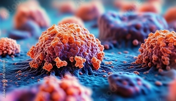 Fototapeta Microscopic view of cancer cells, detailed 3D medical illustration of tumor growth on tissue surface