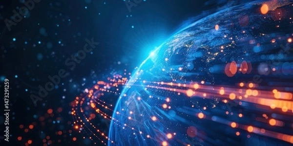 Fototapeta A blue and orange light trail forming a spiral pattern around a glowing blue planet with a black background.