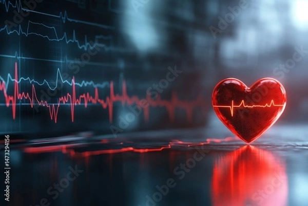 Fototapeta Digital ECG monitor showing heart rhythm with glowing red heart icon.

