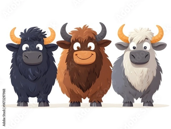 Fototapeta Three adorable cartoon yaks stand side by side displaying different coat colors and expressions on a white background.