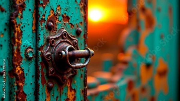 Fototapeta close-up view of weathered turquoise door peeling paint revealing rust metal latch. door set against backdrop of vibrant sunset casting warm golden glow that contrasts aged industrial...