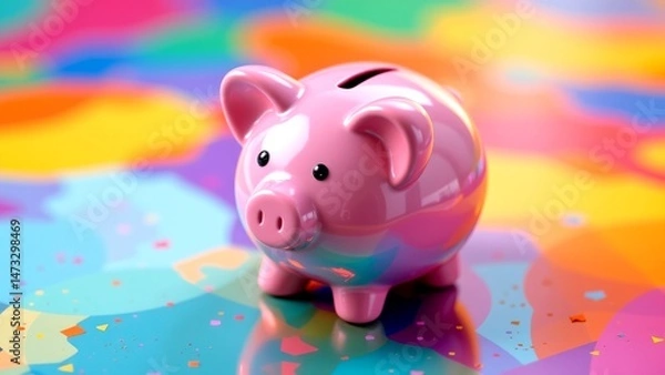 Obraz bright pink piggy bank coin slot placed colorful abstract background that includes vibrant shades of blue yellow orange pink. piggy bank glossy finish positioned upright giving impression of...