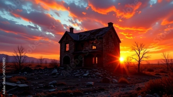 Fototapeta picturesque sunset desolate landscape where dilapidated stone house stands prominently foreground. sky painted vibrant hues of orange pink purple creating dramatic backdrop. house its broken...