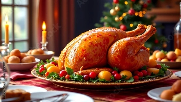 Obraz beautifully set dining table adorned roasted turkey surrounded array of fruits vegetables including cranberries oranges. table elegantly decorated red checkered tablecloth lit candles...