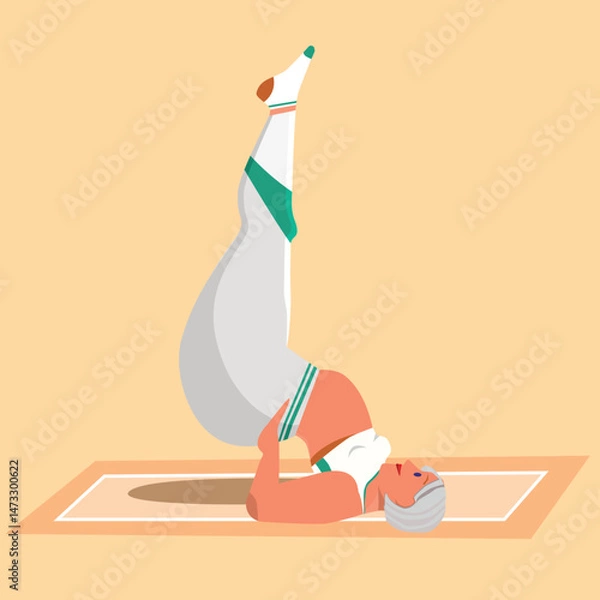 Fototapeta Body fat woman doing shoulder stand pose on mat.