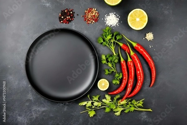 Fototapeta Empty Black Plate with Red Chili Peppers, Cilantro, Lime, and Spices on Dark Background - Food Photography, Culinary Still Life