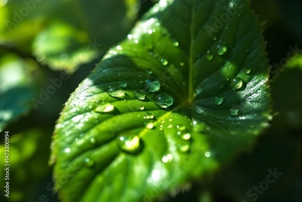 Fototapeta Green Leaf with Water Droplets: Close-Up Macro Shot of Dew on Lush Foliage, Nature Photography, Fresh and Vibrant Greenery