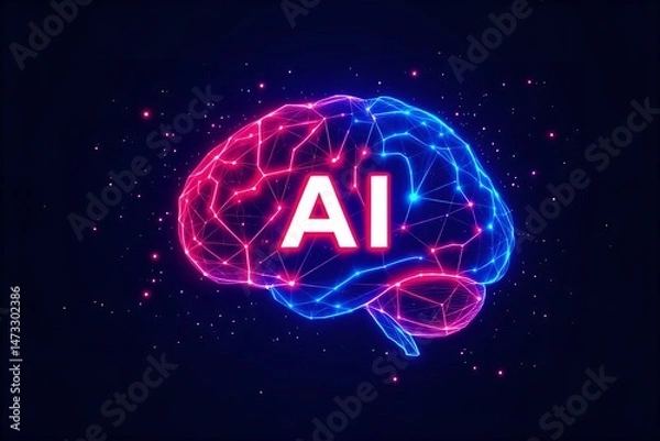 Fototapeta AI Brain Illustration: Digital Art of Artificial Intelligence Concept with Glowing Neural Network in Pink and Blue on Dark Background