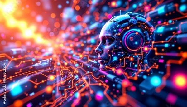 Fototapeta a close up view of a highly detailed and intricate cybernetic interface that resembles a human face, with glowing digital elements and circuitry patterns