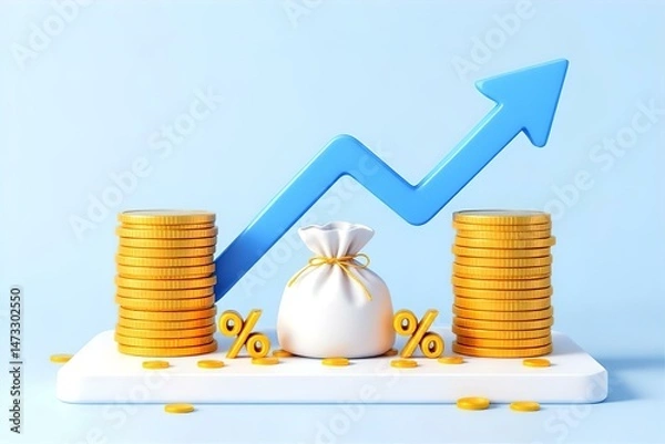 Fototapeta Investment Growth Illustration: 3D Rendering of Coins, Money Bag, Upward Arrow for Financial Success & Profit, Light Blue Background
