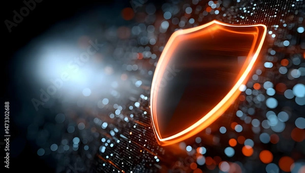 Fototapeta A digitally crafted shield symbol representing security and protection against threats, set against a blurred background of glowing particles.