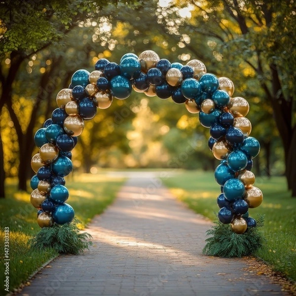 Obraz Elegant Teal Gold Navy Balloon Archway Garden Path Sunset