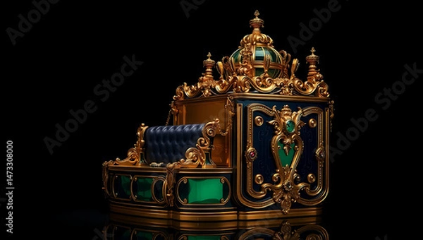 Fototapeta Luxurious Throne with Emerald Accents: Ornate Baroque Design in Opulent Gold Detailing | Vintage Royal Furniture with Regal Elegance and Artistic Craftsmanship