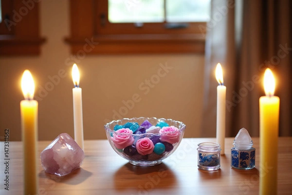 Fototapeta table topped with lots of different colored stones and candles