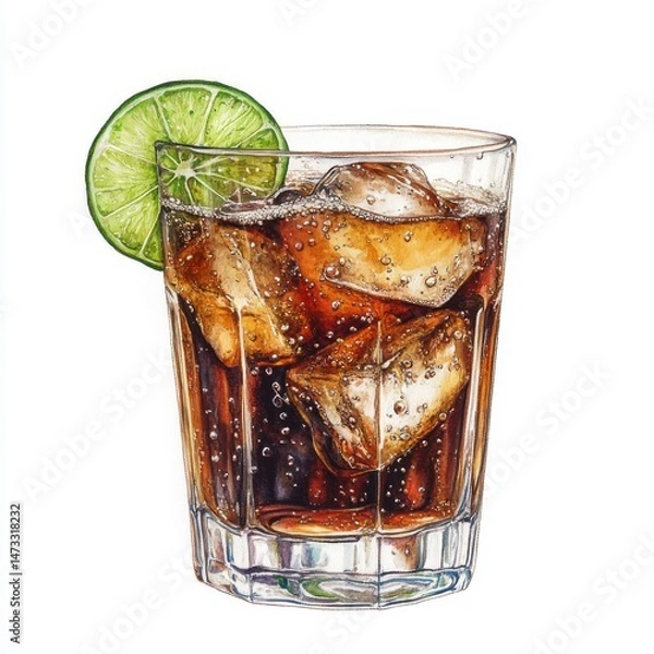 Obraz Refreshing Brown Cuba Libre Cocktail with Ice and Lime in Rocks Glass