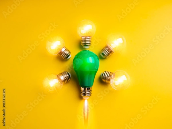 Fototapeta Creative idea, environment energy, green innovation and sustainability concept. Big glowing green light bulb as rocket launching with shining clear light bulbs on yellow background, minimalist.
