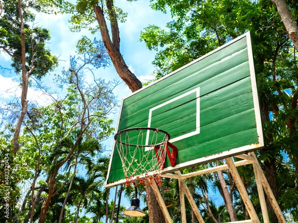 Fototapeta View from below angle of basketball hoop made by old green wooden plank with net surrounded with palm trees near the beach on blue summer sky background.