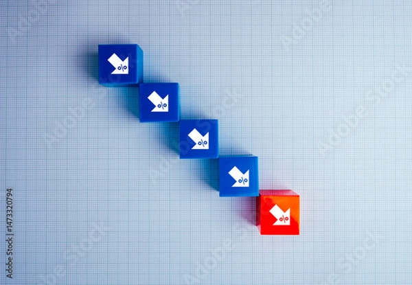 Fototapeta Crisis down chart. Economic downturn with decrease arrow with percentage icons on blue and red cube block steps on graph paper background. Interest rates, stock trading, Business financial concept.