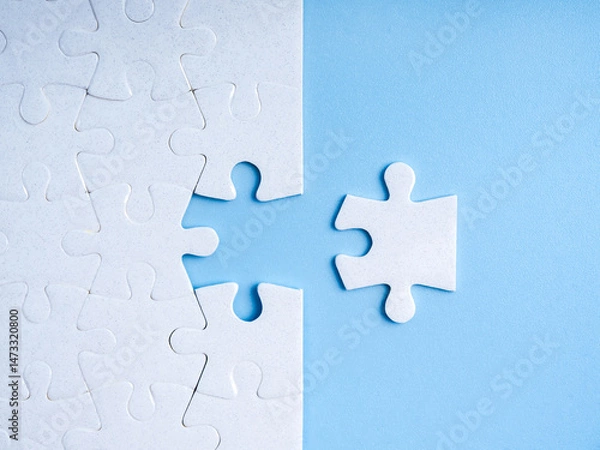 Fototapeta HR, human resources, recruitment and hiring, partnership, complete mission, solution, solving problems, team building, business concept. The last white jigsaw puzzle piece isolated on blue background.