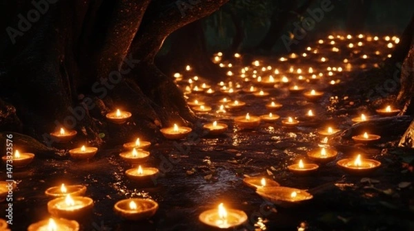 Obraz Pathway of  candles in a dark forest