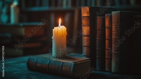 Obraz Old books and a candle in a library