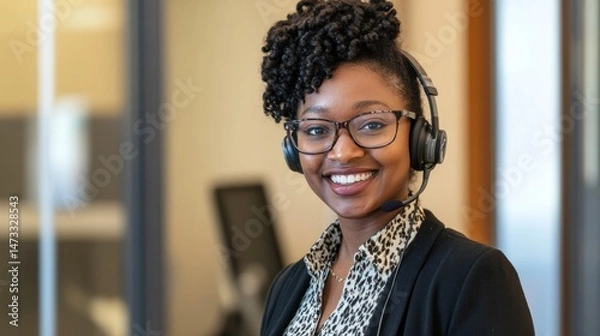 Obraz Smiling woman with headset
