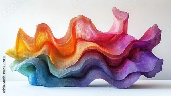 Fototapeta A colorful wavy fabric sculpture with gradient from yellow to purple on a white background
