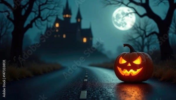 Obraz Eerie pumpkin glow on dark road