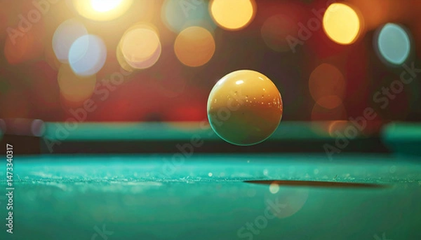 Obraz Billiard Yellow ball hovers over table with blurred lights background adding depth and light