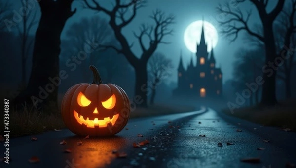Fototapeta Eerie path to castle with jackolantern