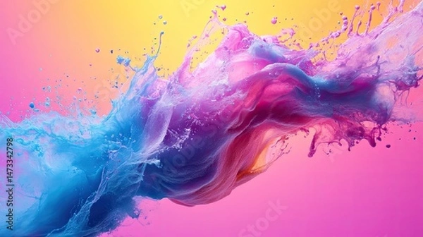 Fototapeta Colorful paint splash with blue purple and pink hues against a gradient background of yellow and pink
