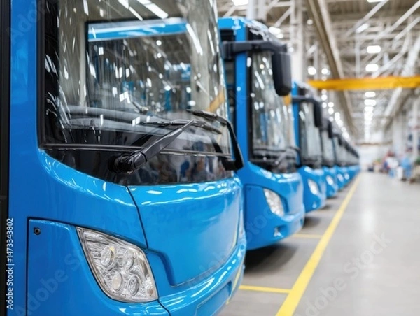 Obraz New blue buses parked in a row inside factory, ready for delivery, modern public transportation vehicles.