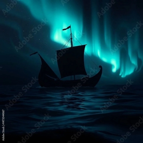 Obraz Viking Ship Sailing Under the Aurora Borealis